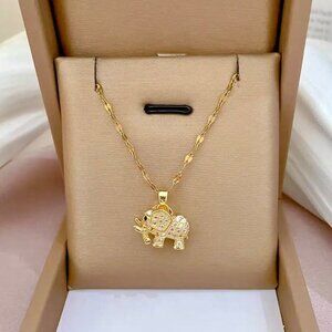 18K Gold Plated Elephant Pendant Necklace Crystal Good Luck Charm Animal Boho